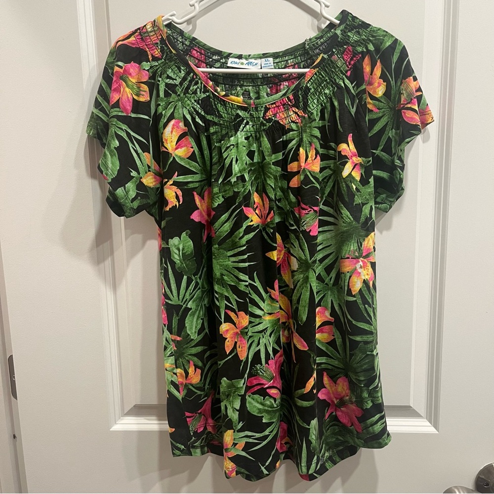 KIWI FRESH Womens Top Smock Short Sleeve Shirt Size XL Tropical.